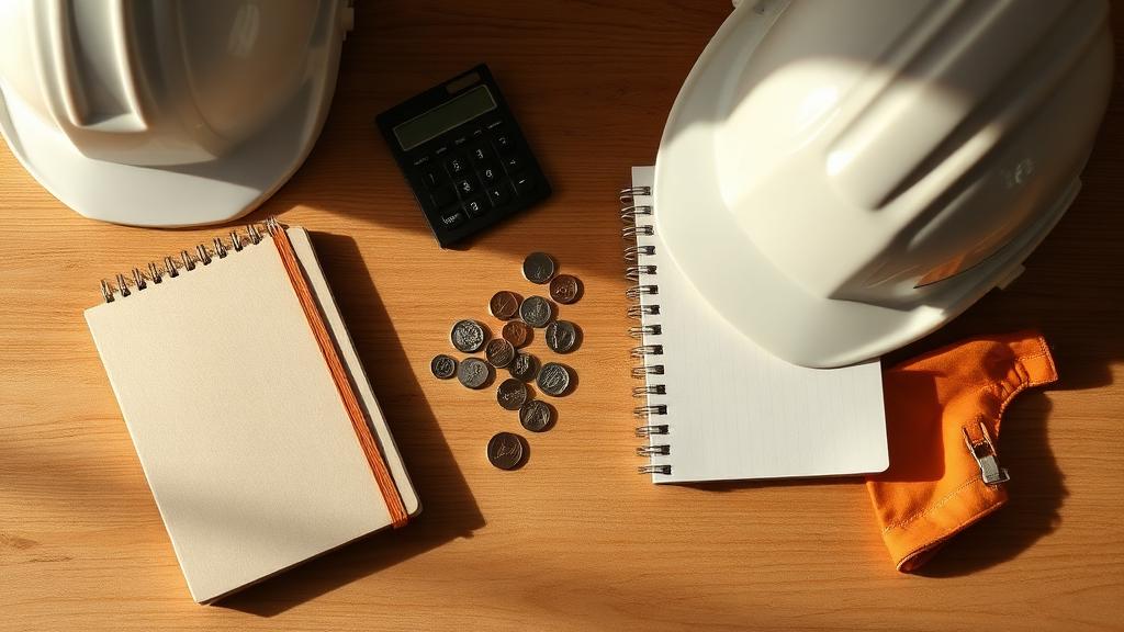 Anteckningsblock, mynt, kalkylator och skyddshjälm på ett bord