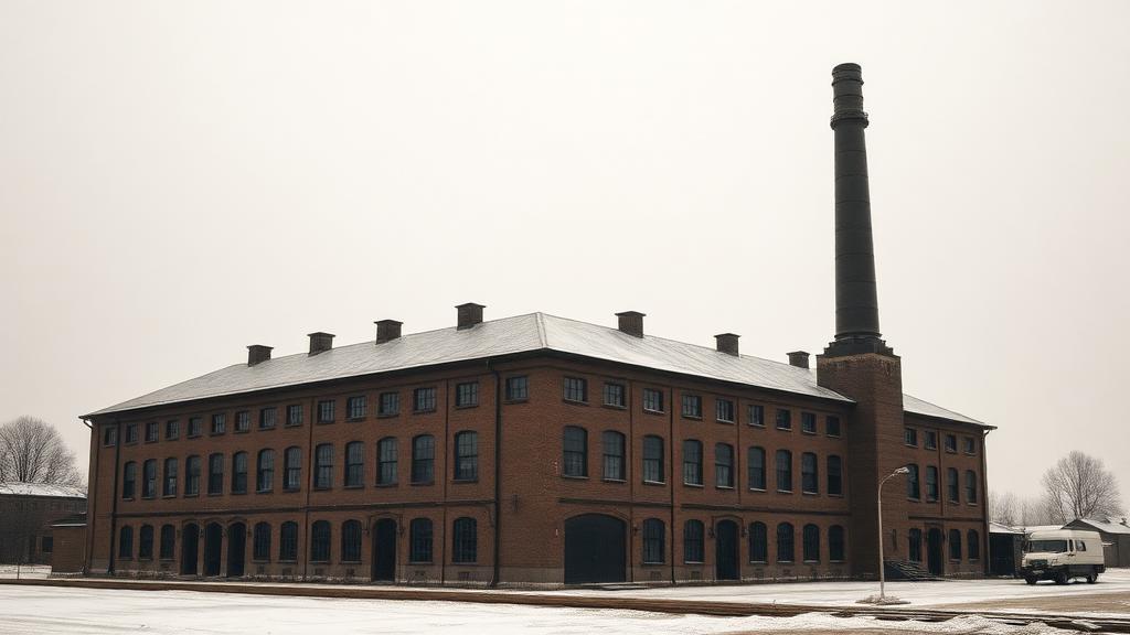 Gammal svensk fabriksbyggnad i tegel med skorsten