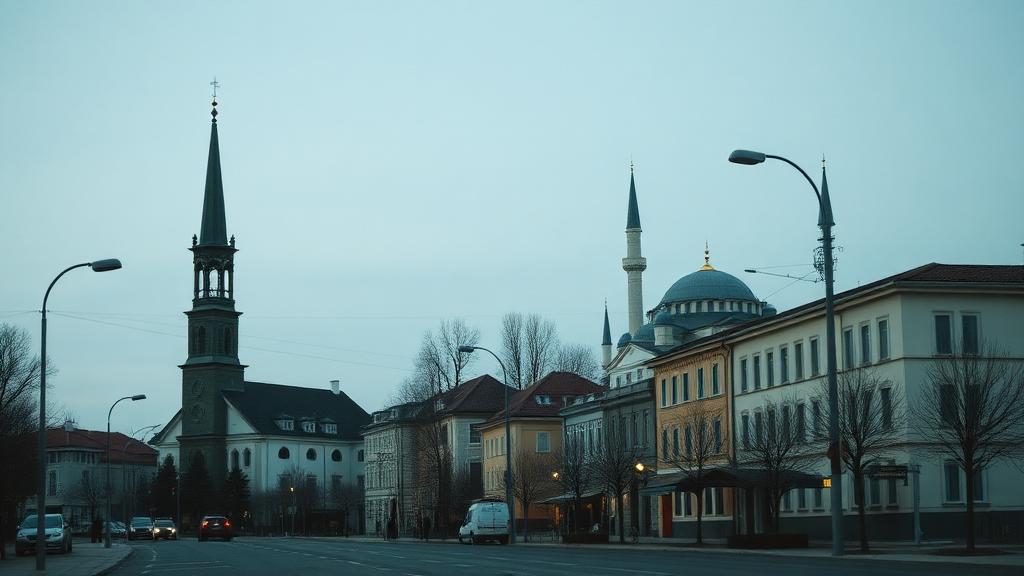 Stadssiluett med både kyrktorn och minaret