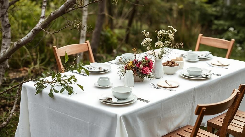 Midsommarbord utomhus med vit duk, björklöv och blommor