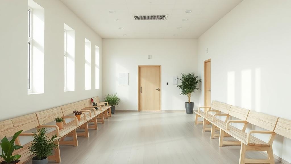 Lugnt väntrum på en vårdcentral med träbänkar