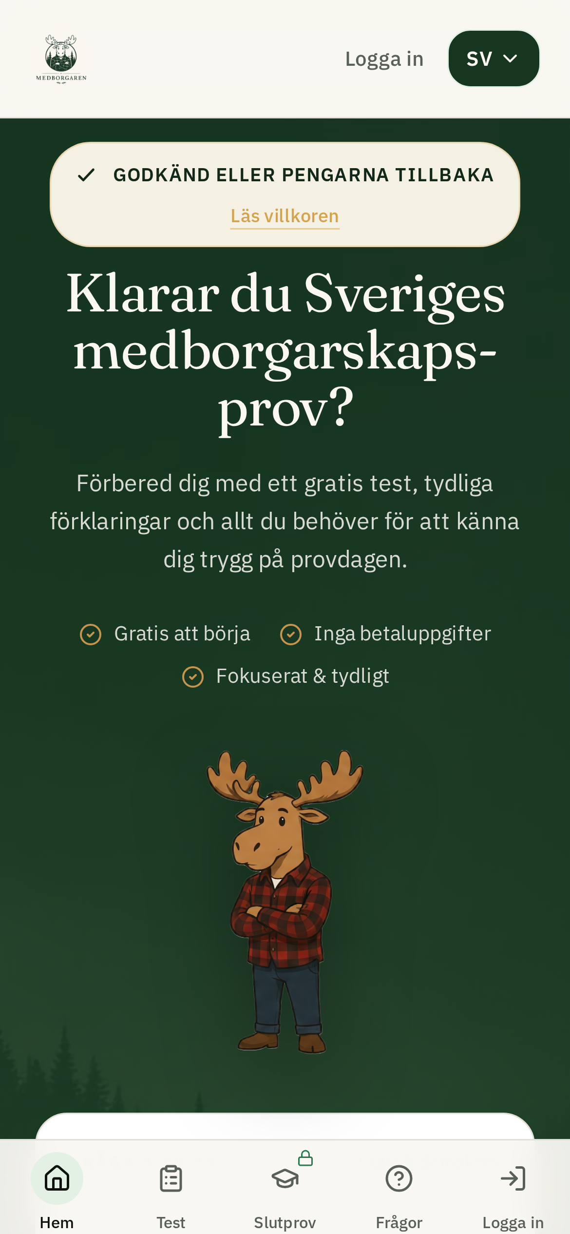 Medborgaren-appen på mobil: startsidan med gratis test