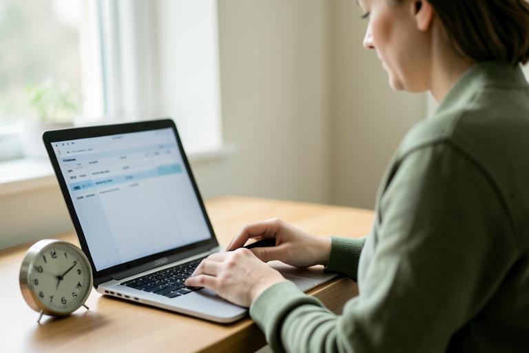 Person som gör ett övningsprov på laptop med en timerklocka bredvid